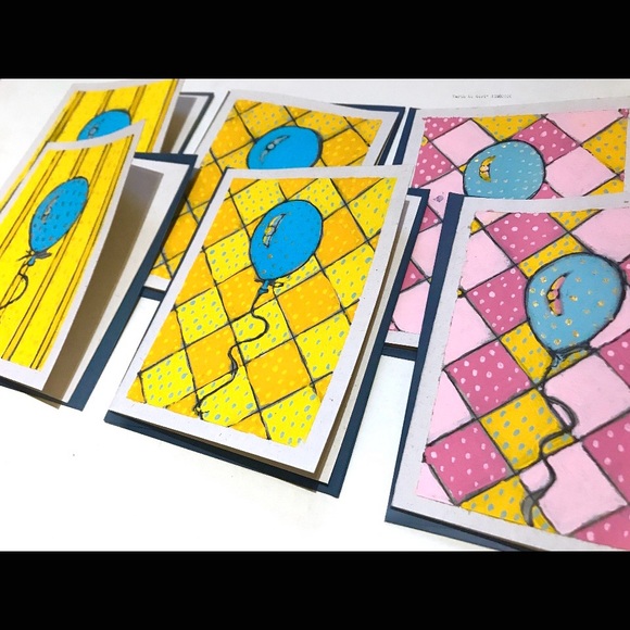 Set of 6 Cards. Balloon Designs. Blank Inside. Handpainted. Framable, NWT - Picture 3 of 9